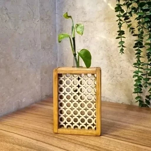 گلدان چوبی تک قلم مدل حصیری