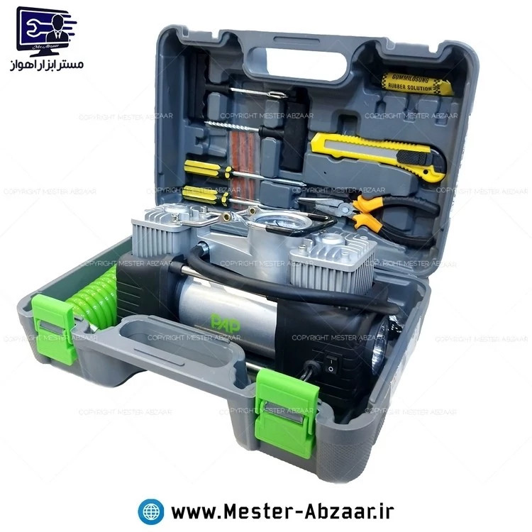پمپ باد فندکی ماشین قابلیت اتصال به برق شهری قابل انتخاب دو سیلندر برند پی ای پی PAP مدل P.A.P AC-1502 با لوا
