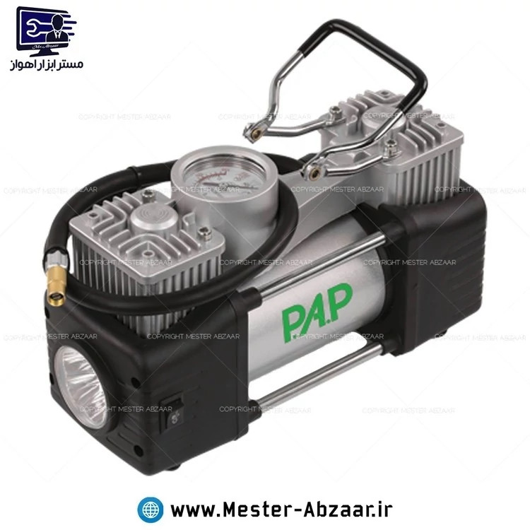 پمپ باد فندکی ماشین قابلیت اتصال به برق شهری قابل انتخاب دو سیلندر برند پی ای پی PAP مدل P.A.P AC-1502 با لوا