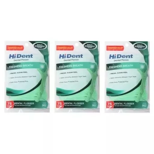 نخ دندان کمانی های دنت 3 بسته 75 عددی کد 902نخ دندان هایدنت کمانی دسته دار همراه خلال دندان بسته 75 عددی