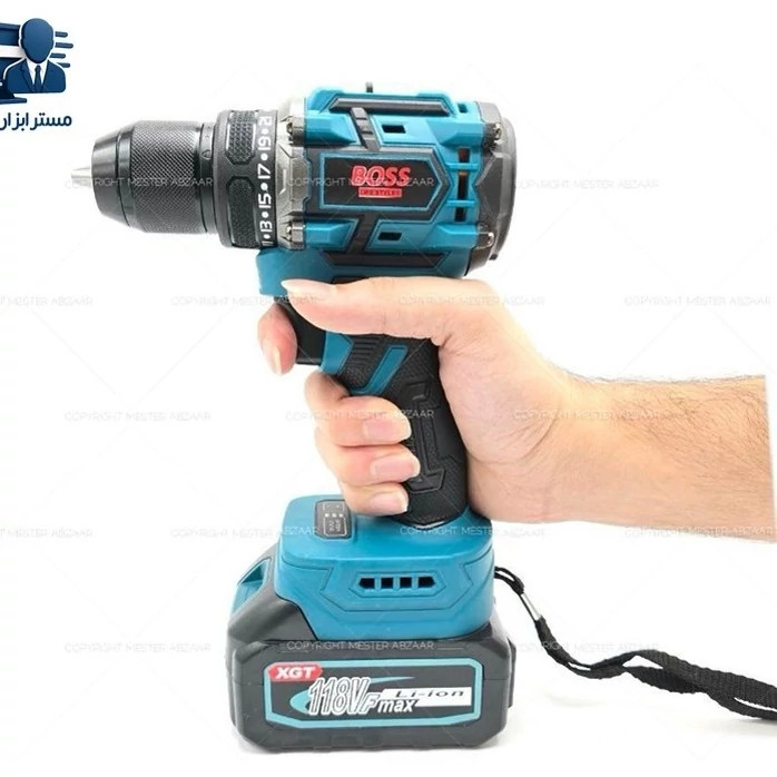 دریل شارژی براشلس طرح ماکیتا سه نظام فلزی 118 ولت دو باتری برند باس مدل BOSS 118W XGT
