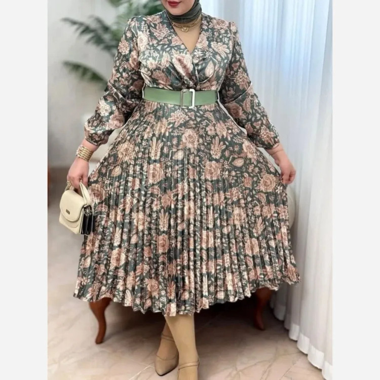 پیراهن زنانه ساتن پلیسه مجلسی مدل کلوش یقه چپ و راستی قد 135