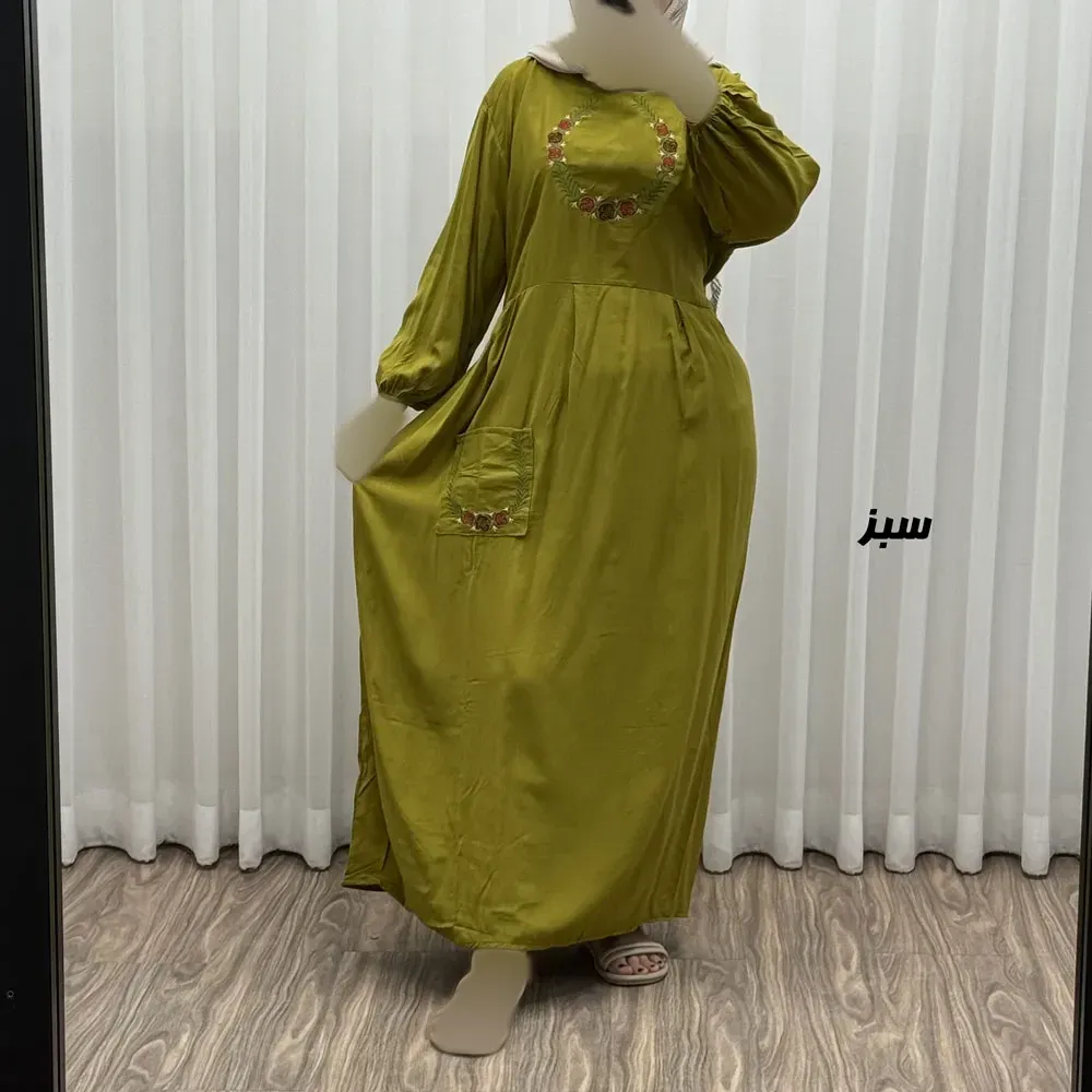 پیراهن نخی گلدوزی زنانه مدل خاطره فری سایز تا 48 با کمربند