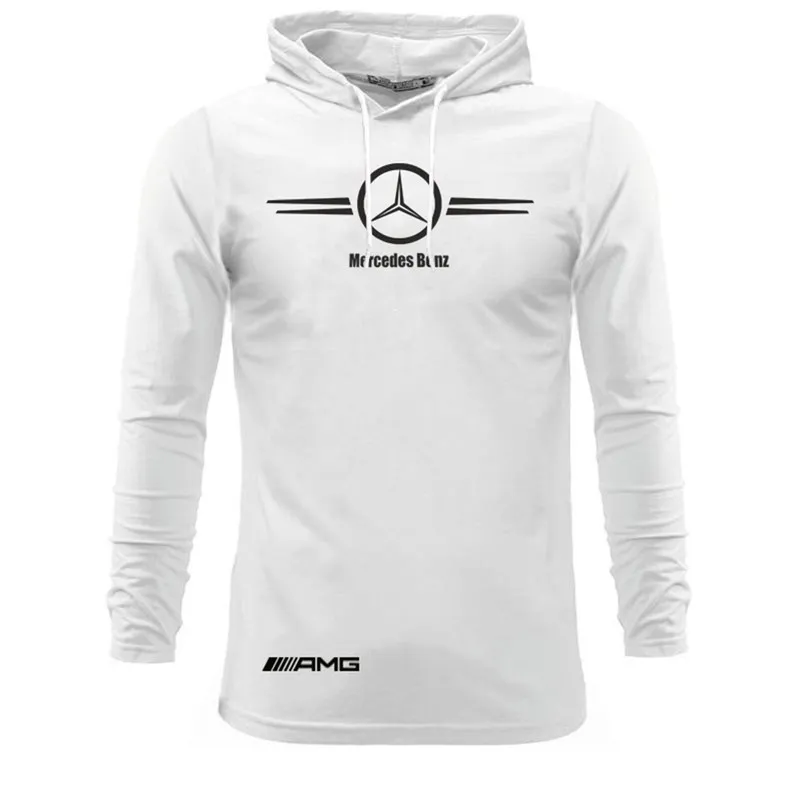 تیشرت آستین بلند مردانه طرح Benz مدلd5678 کلاه دار نخی اعلا سه رنگ مشکی زرد سفید سایزبندی L XL 2XL