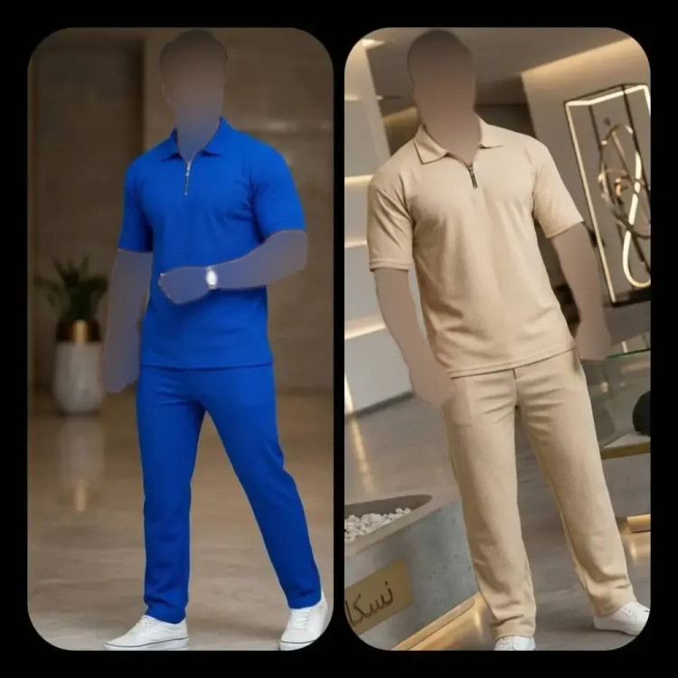 ست تیشرت و شلوار مردانه نیم زیپ جنس بیسکوییتی