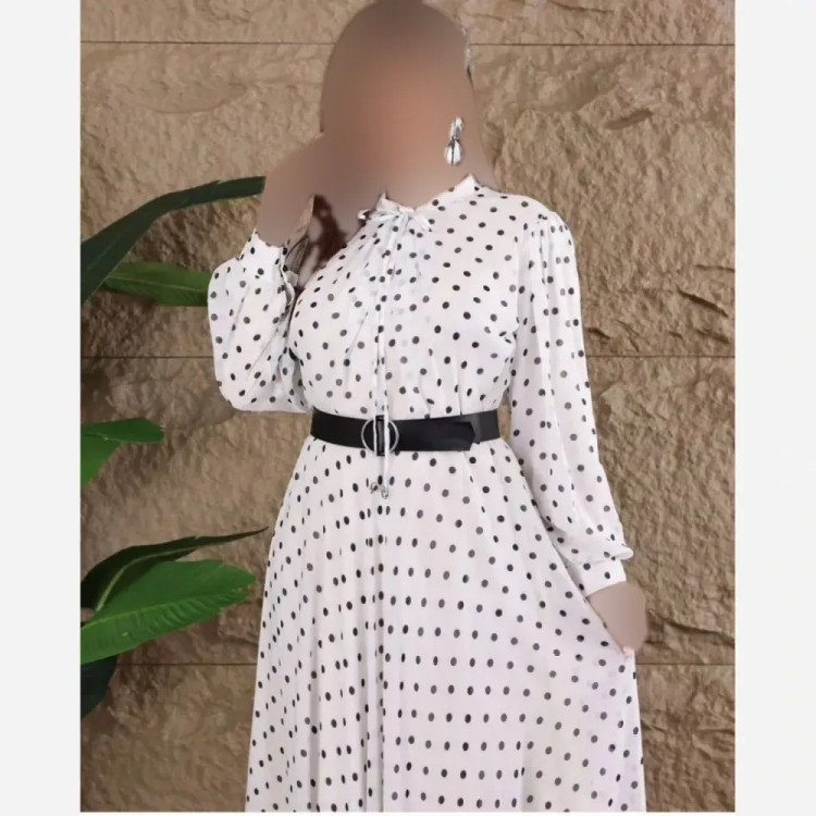پیراهن زنانه مجلسی طرح توپی جنس بوگاتی مشکی فری سایز تا 46 با کمربند چرمی