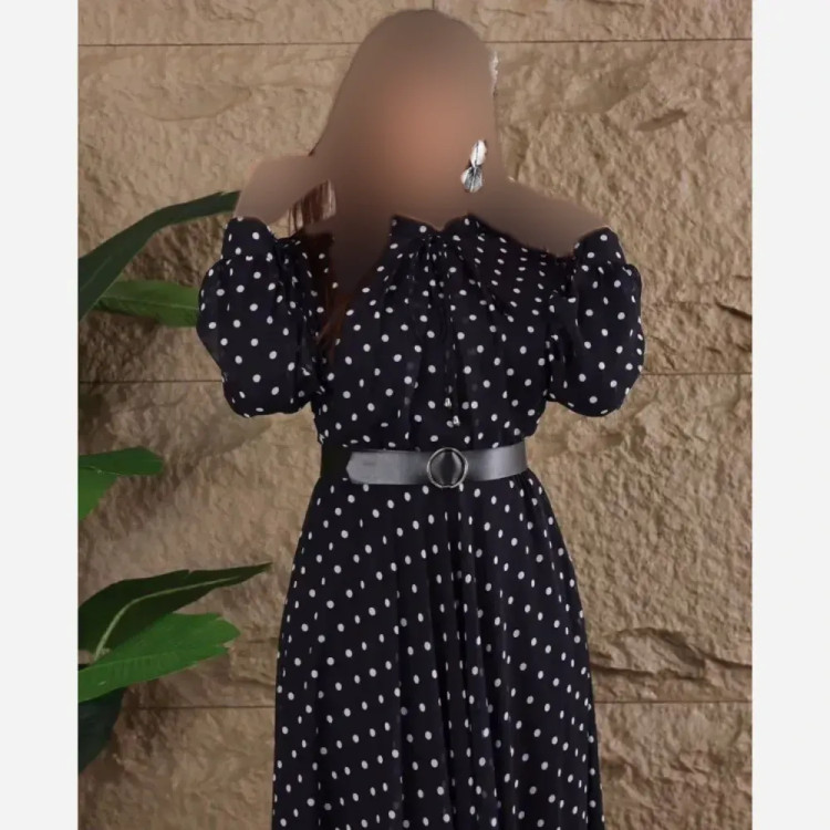 پیراهن زنانه مجلسی طرح توپی جنس بوگاتی مشکی فری سایز تا 46 با کمربند چرمی