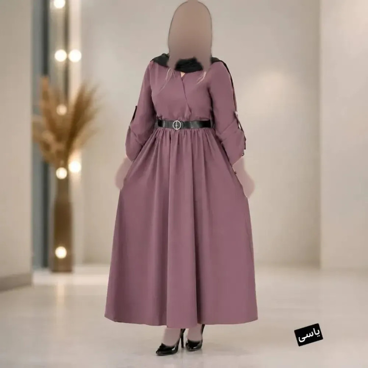 پیراهن بلند زنانه مدل آنجولینا جنس الیزه فری سایز تا 48 با کمربند چرمی