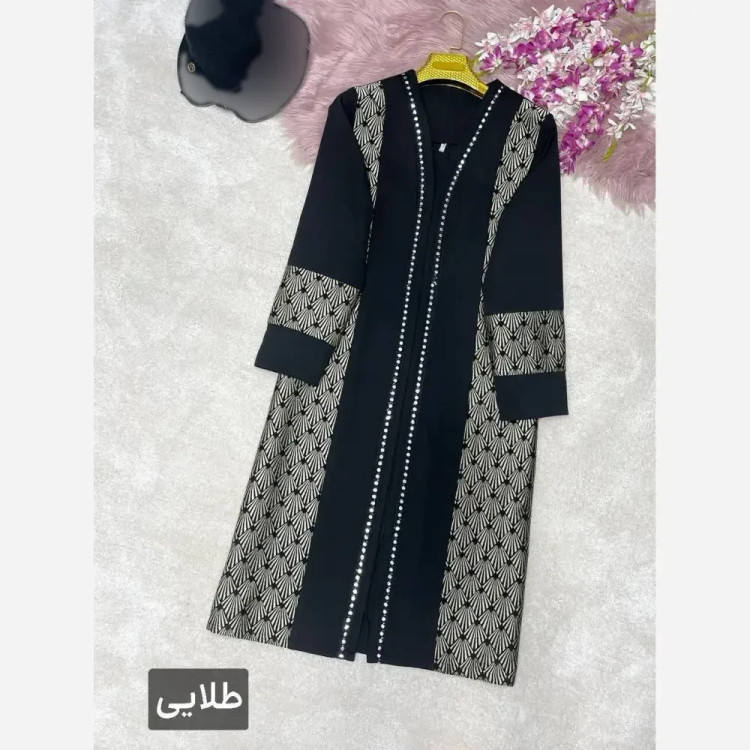 مانتو مزونی صدف جنس کرپ مازراتی با خرجکار تافته رنگ طلایی