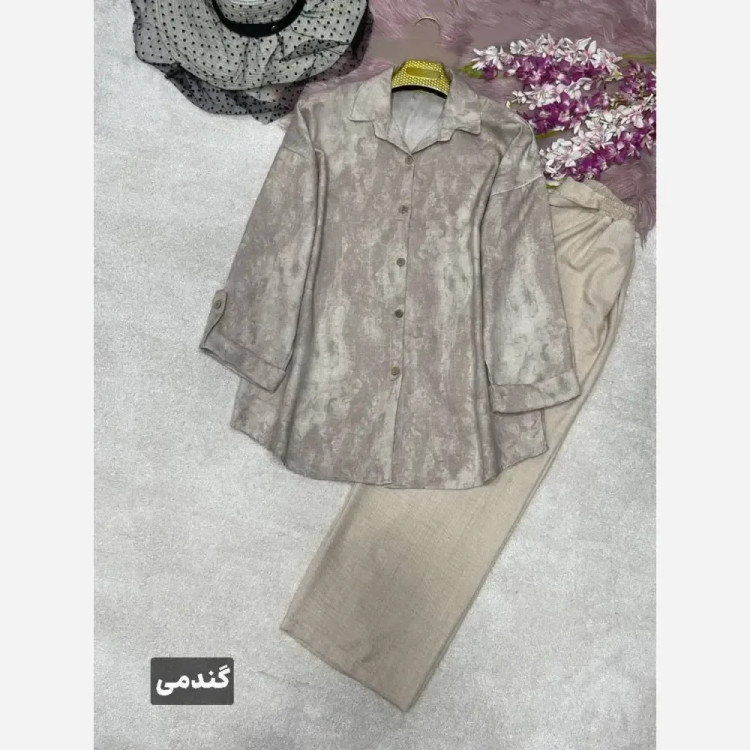 ست شومیز و شلوار زنانه جنس شانتون مدل شقایق فری سایز 38 تا 46