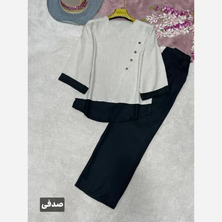 ست شومیز و شلوار زنانه مدل گلسا جنس شانتون نگیندار و ویسکوز فری سایز 38 تا 46