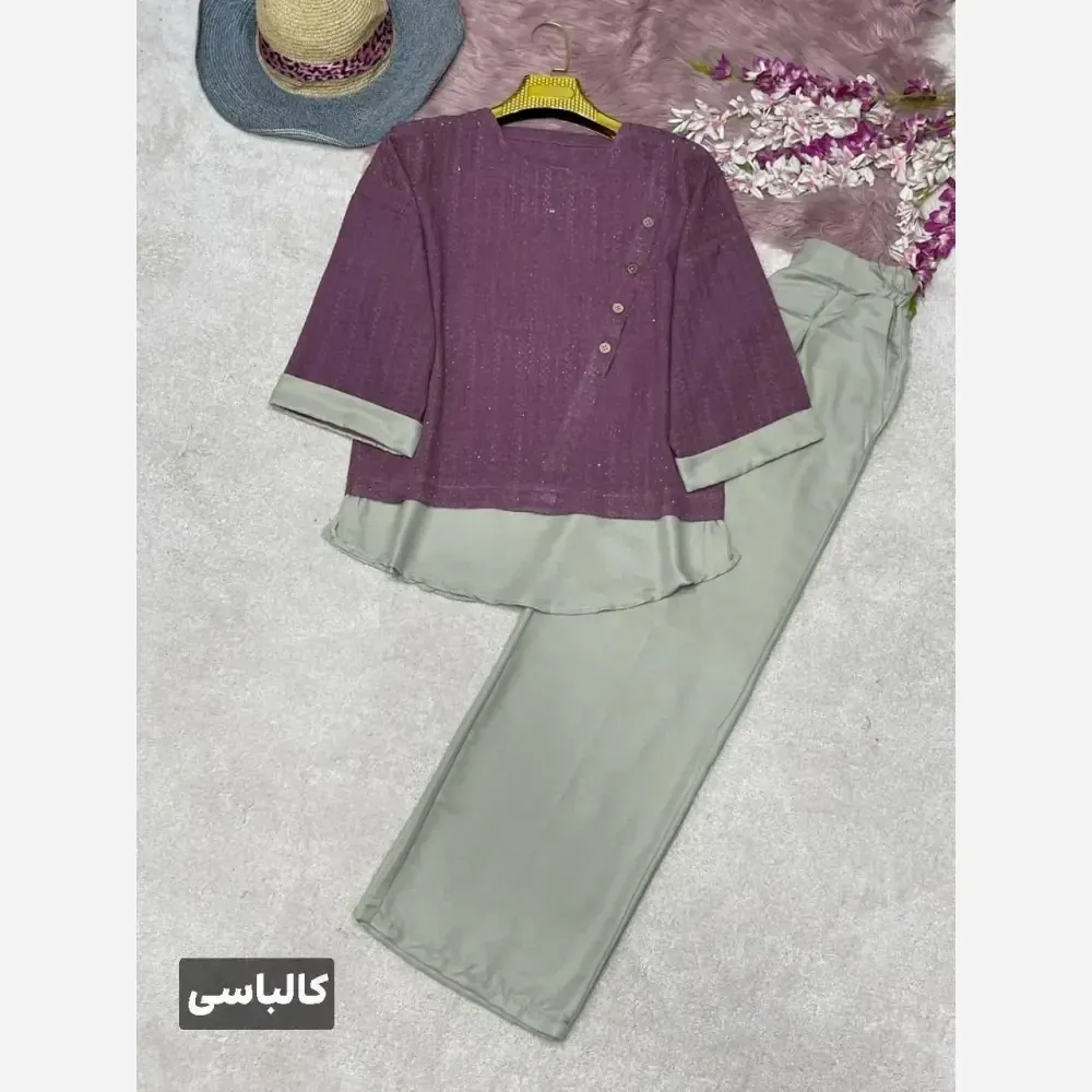 ست شومیز و شلوار زنانه مدل گلسا جنس شانتون نگیندار و ویسکوز فری سایز 38 تا 46