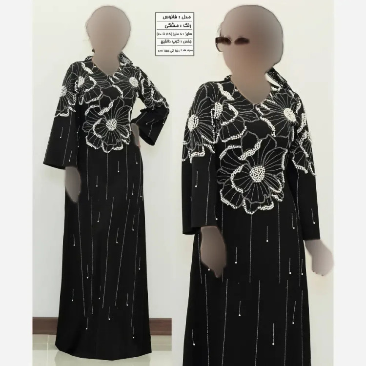 پیراهن ماکسی مجلسی زنانه بیگ سایز مدل فانوس کرپ دالقیچ مشکی نگیندار