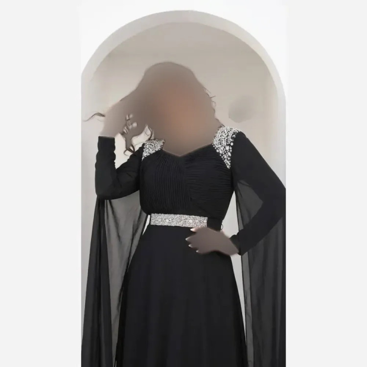 پیراهن مجلسی زنانه حریر مشکی سنگدوزی شده آستین دار سایز بزرگ