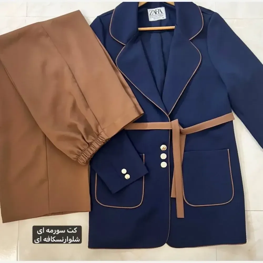 کت و شلوار زنانه دو رنگ کرپ مازراتی با شلوار بگ و کمربند