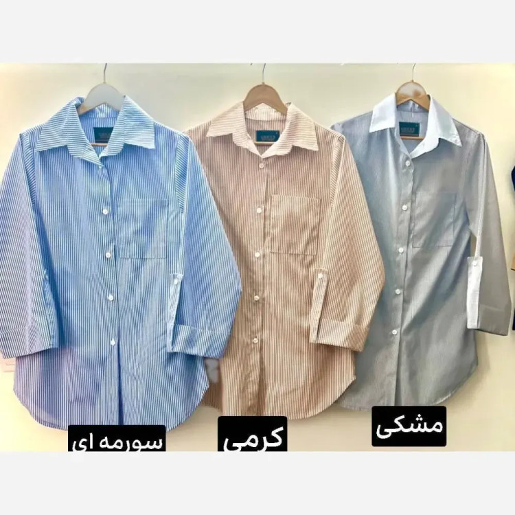 شومیز راه راه زنانه جنس لنین تابستانه خنک آستین پاگن دار جیب دار