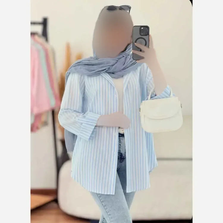 شومیز راه راه زنانه جنس لنین تابستانه خنک آستین پاگن دار جیب دار