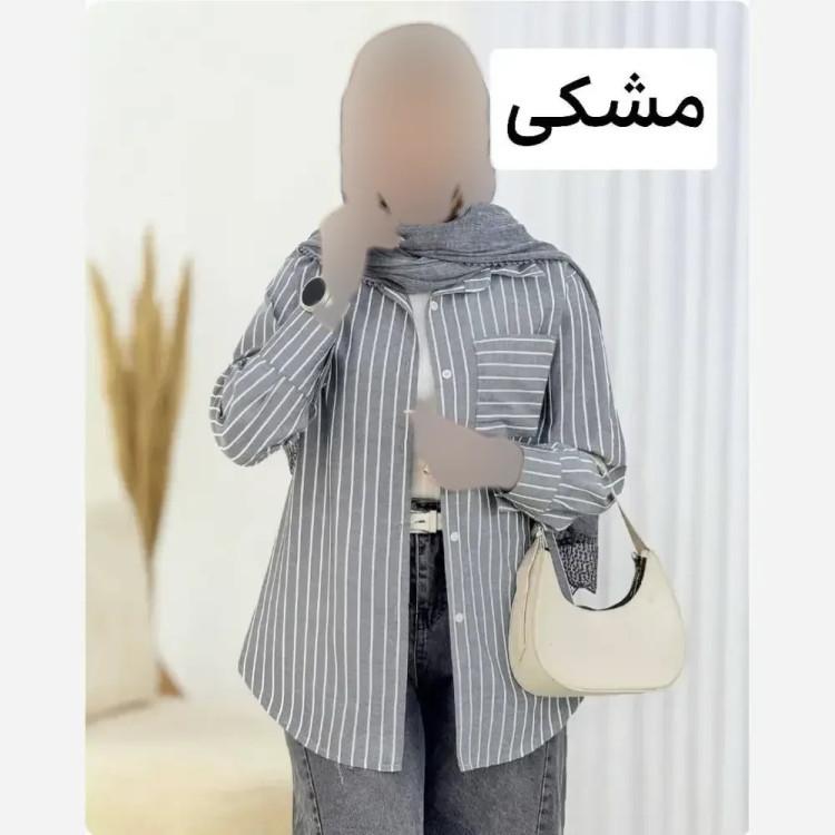 شومیز راه راه لینن زنانه مدل جیب دار با پشت پیله دار