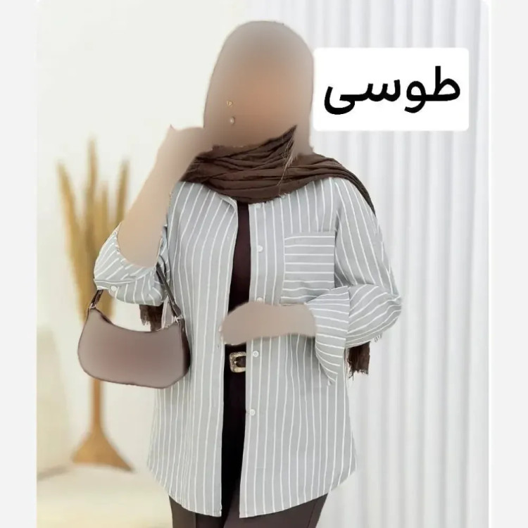 شومیز راه راه لینن زنانه مدل جیب دار با پشت پیله دار