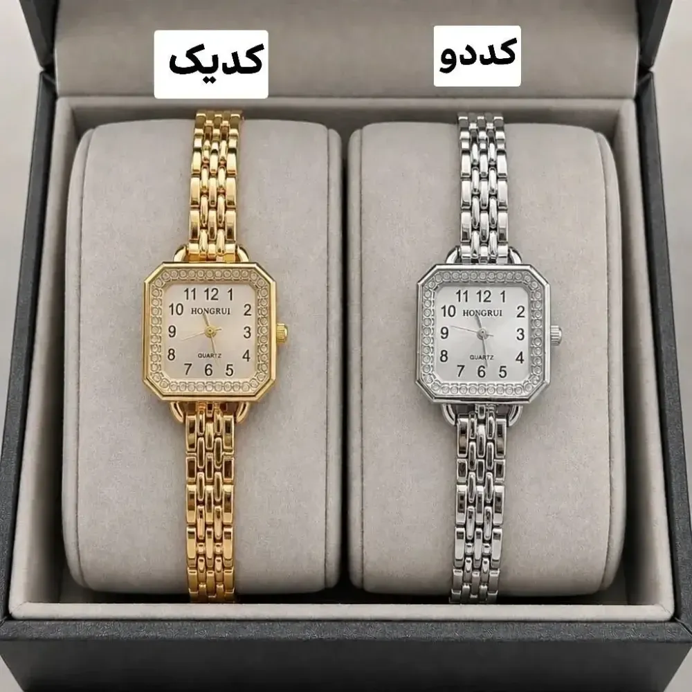 ساعت مچی زنانه و دخترانه مارک Hongrui صفحه هشت ضلعی نگین دار با بند استیل و موتور کوارتز