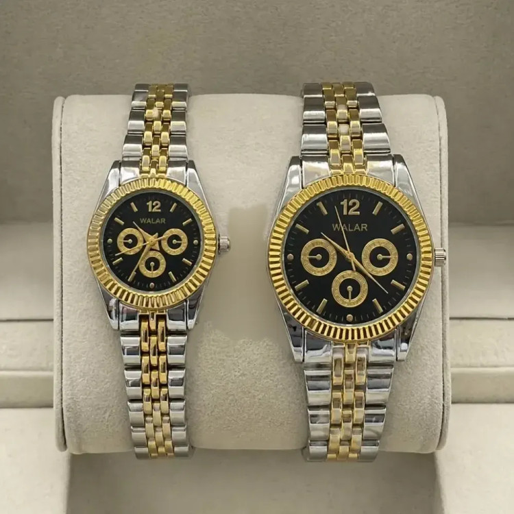 ست ساعت مچی عقربه ای والار زنانه و مردانه بند استیل طلایی مشکی تقویم دار با جعبه کادویی