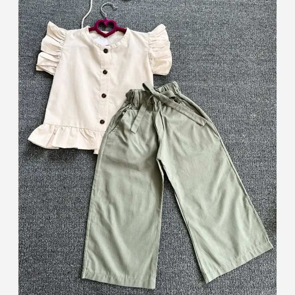 ست شومیز و شلوار دخترانه آستین چیندار لینن مدل آوا