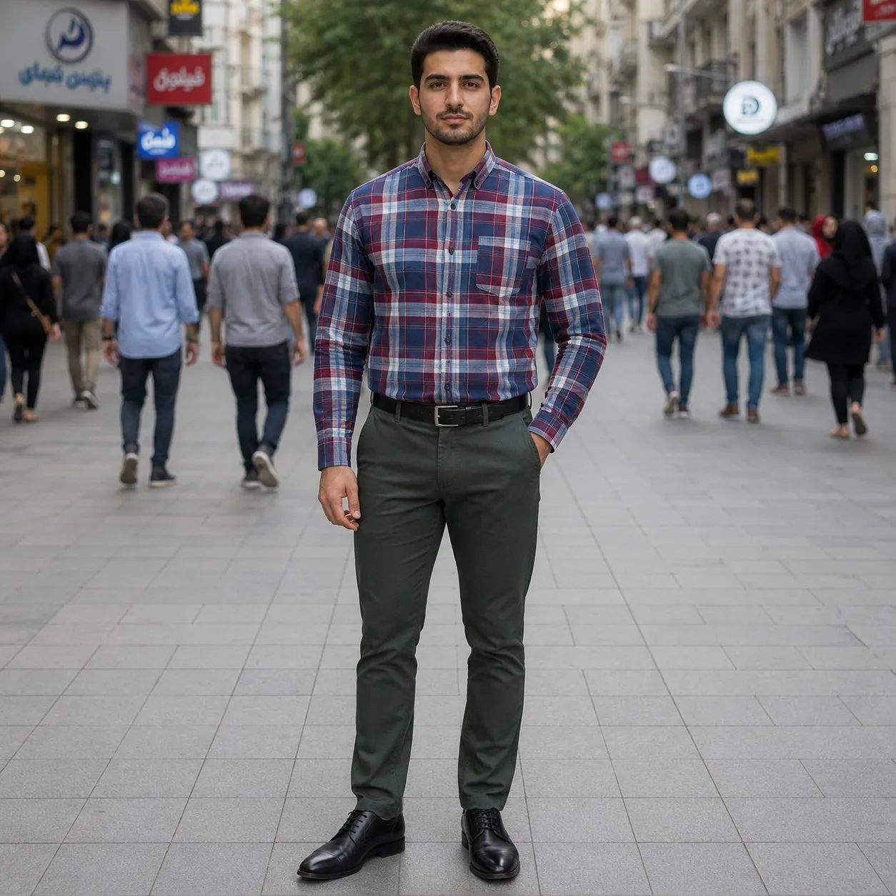 پیراهن آستین بلند مردانه نخی چهارخانه قواره آزاد