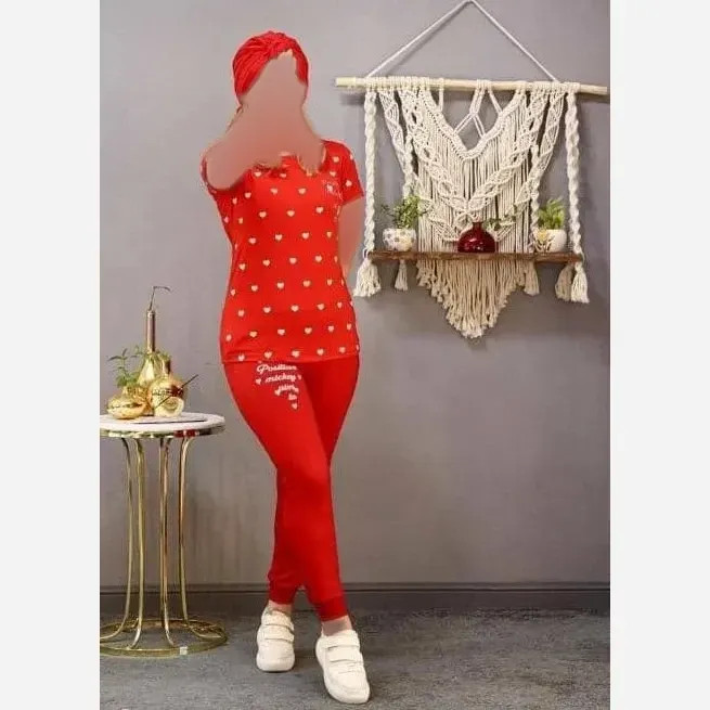 ست تیشرت و شلوار زنانه طرح قلب جنس نخ ویسکوز سایز 38 تا 48