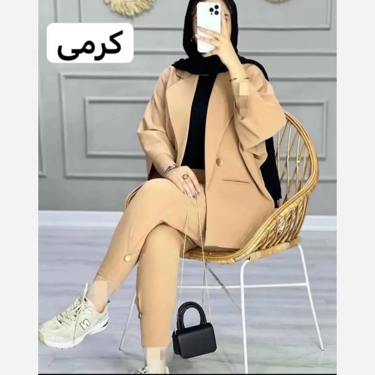 کت شلوار اسپرت زنانه جنس کرپ مازراتی رنگ کرمی