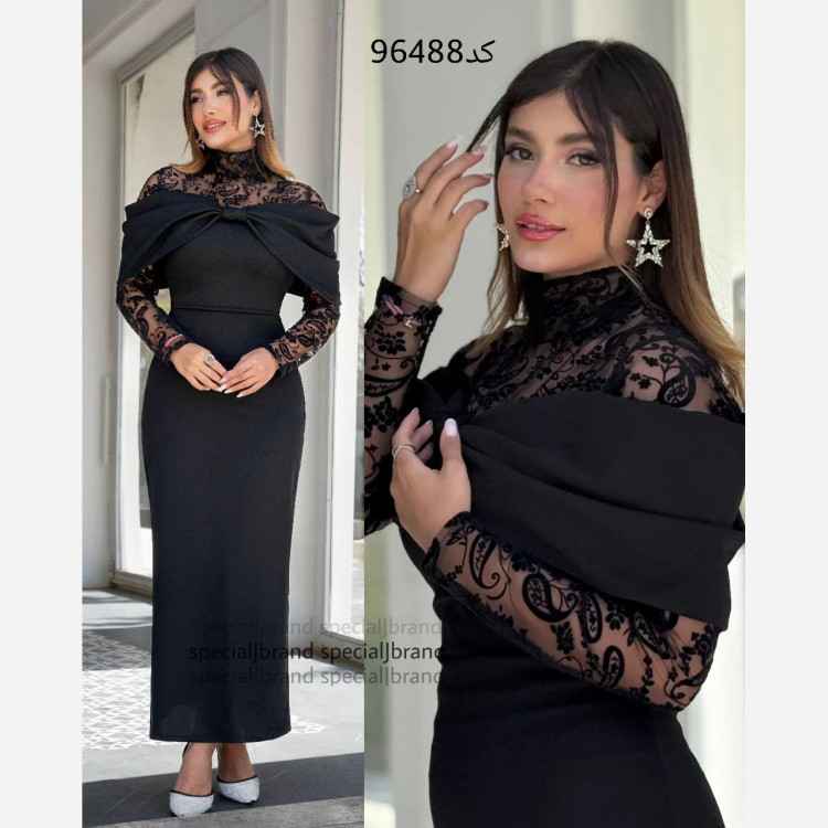 پیراهن مجلسی زنانه مدل شکوفه جنس دالقیچ و فلوک مخمل اسپایدر قد 140 سایز 50 رنگ مشکی