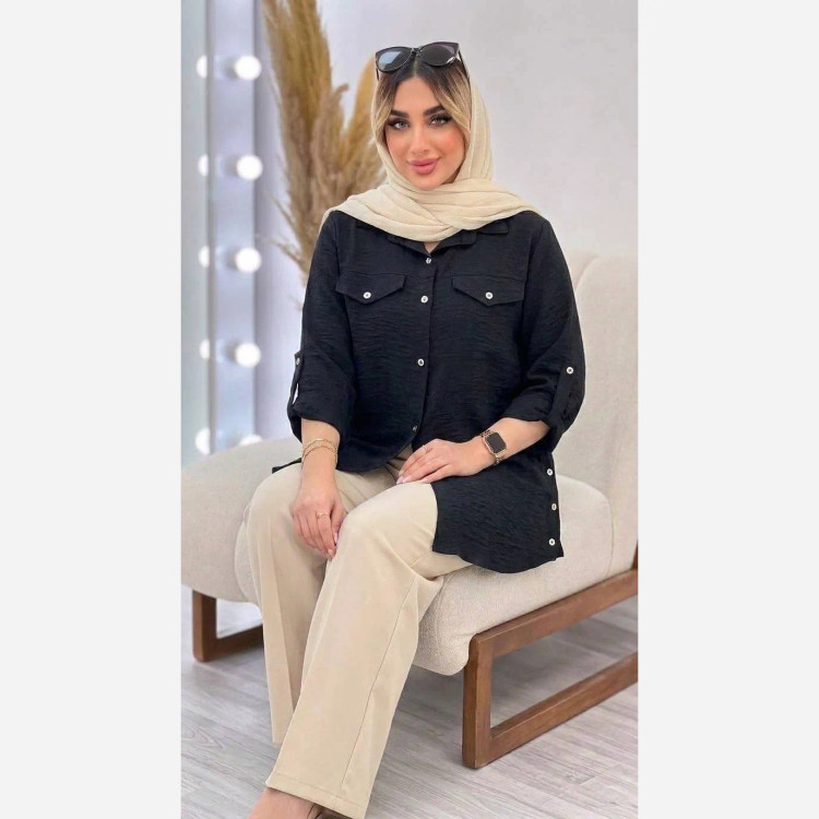 شومیز مانتویی بغل دکمه زنانه جنس شانتون صوفیا فری سایز