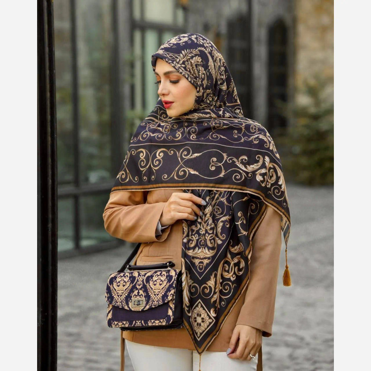 ست کیف و روسری الیزابت مدل مخمل و چرم صنعتی با روسری نخی منگولهدار