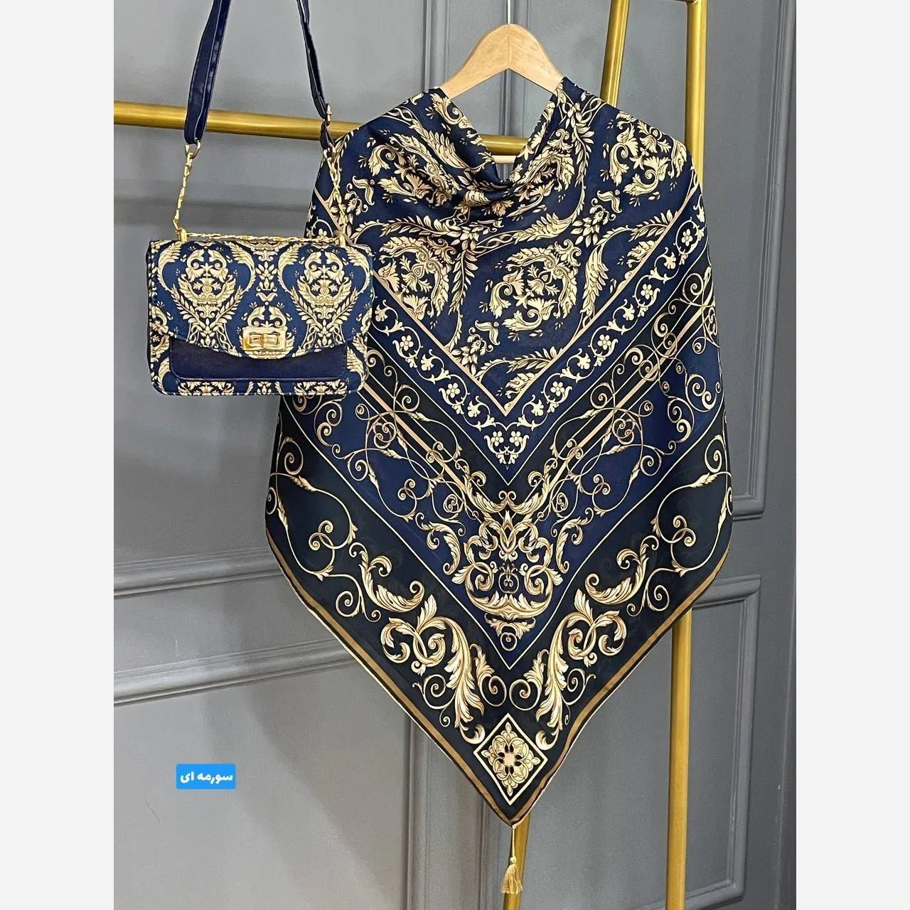 ست کیف و روسری الیزابت مدل مخمل و چرم صنعتی با روسری نخی منگولهدار