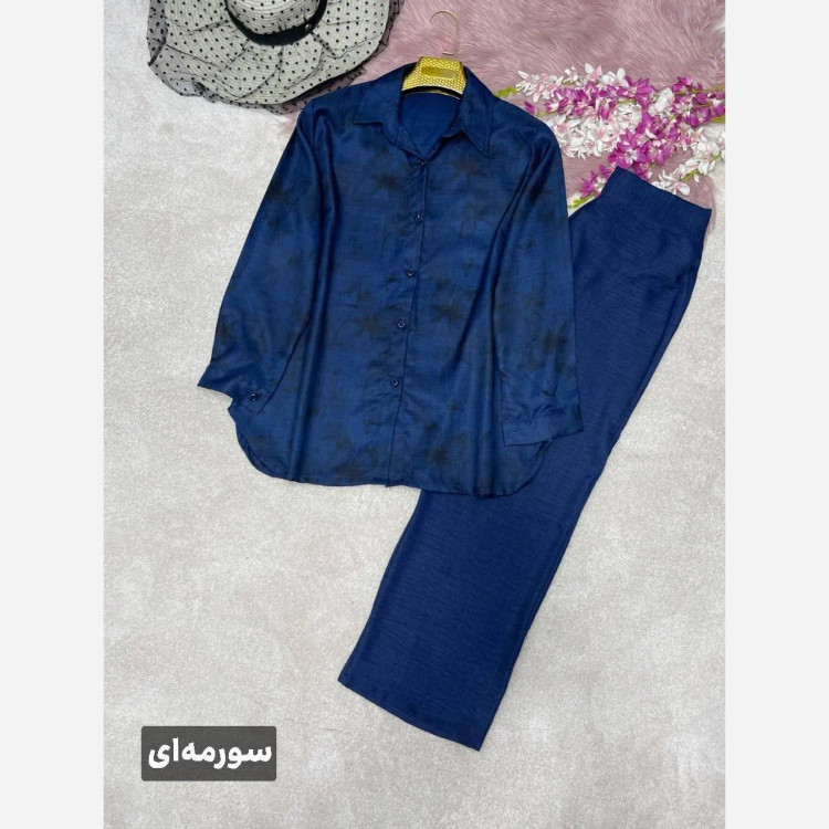 ست شومیز و شلوار زنانه مدل پروانه جنس بوگاتی و صوفیا رنگ سورمهای سایز فری 38 تا 46