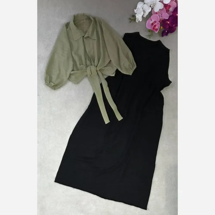 ست سارافون کتان لینن و شومیز دلتا کراش گره ای خرم فری سایز 38 تا 46
