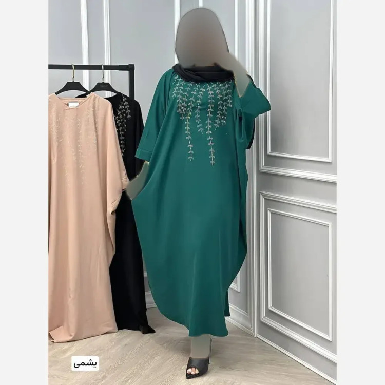 عبا زنانه مجلسی مدل خوشه ای جنس الیزه سایز 38 تا 54 رنگ یشمی و کرم