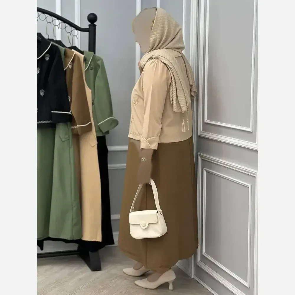 کت سارافون گلدوزی لنین پلاس رنگ مشکی سبز کرم نسکافه ای سایز 38 تا 48