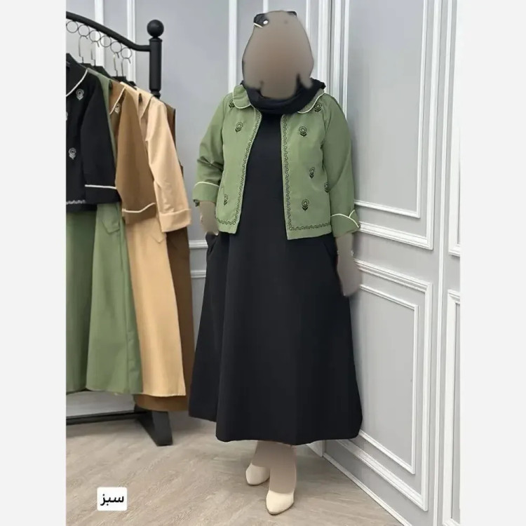 کت سارافون گلدوزی لنین پلاس رنگ مشکی سبز کرم نسکافه ای سایز 38 تا 48