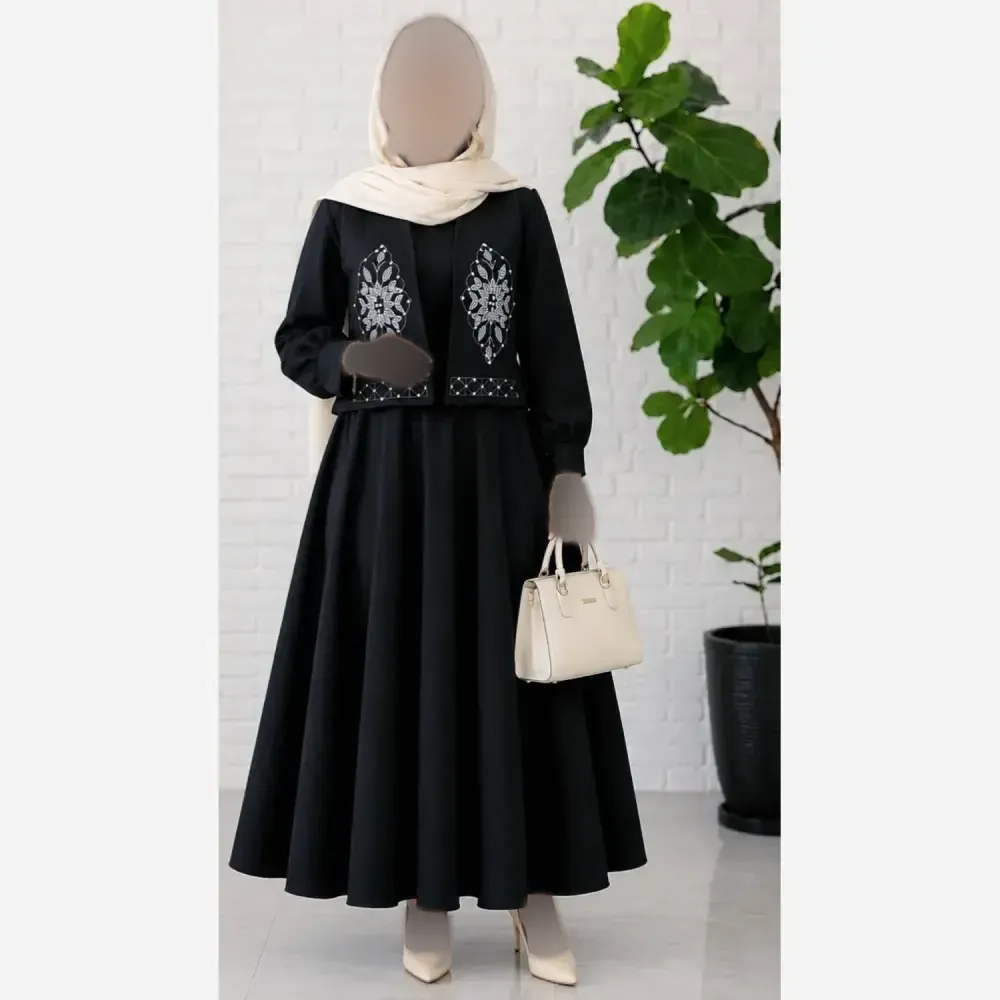 ست دو تیکه پیراهن الیزه و جلیقه مازراتی نگین پرسی سایز 40 تا 48