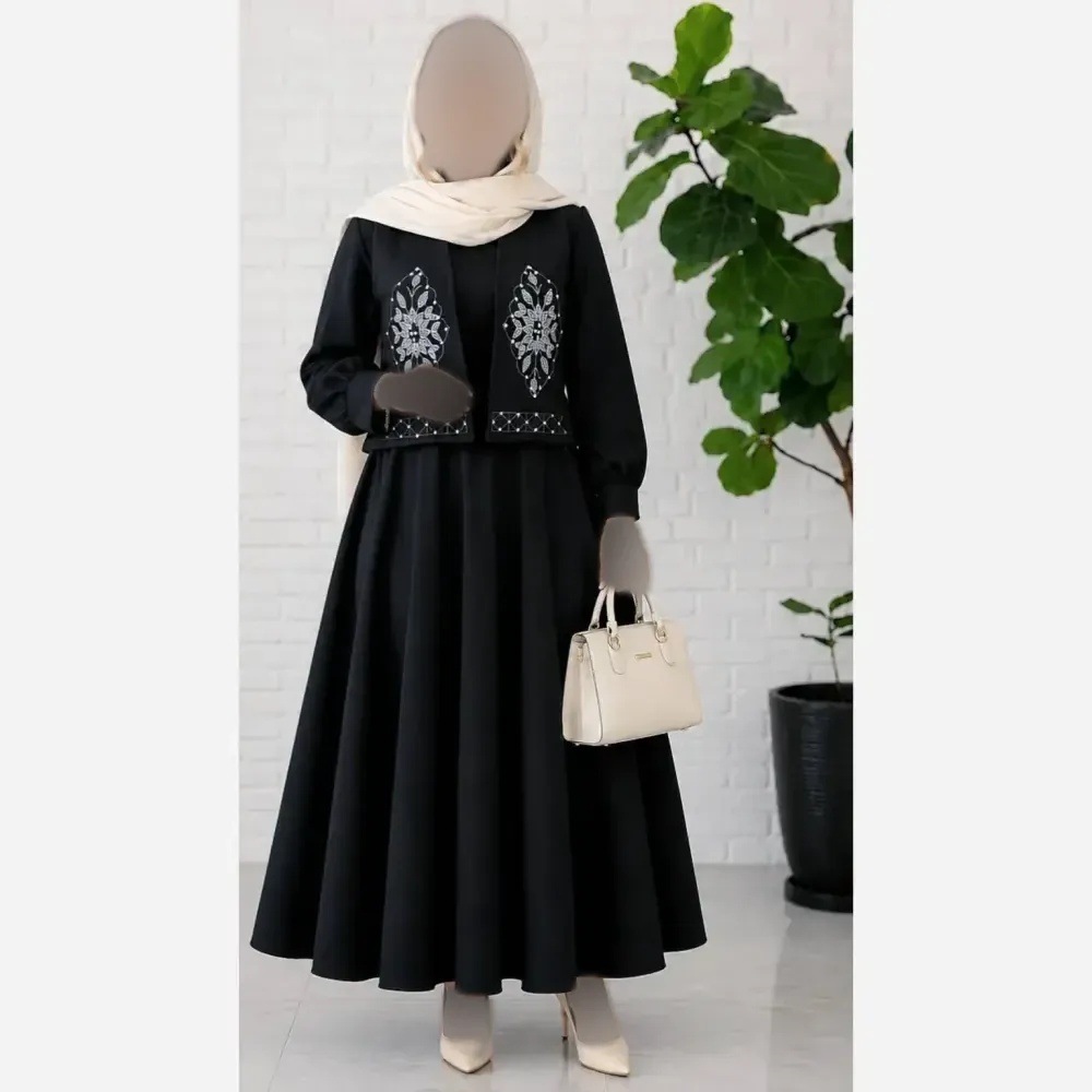 ست دو تیکه پیراهن الیزه و جلیقه مازراتی نگین پرسی سایز 40 تا 48