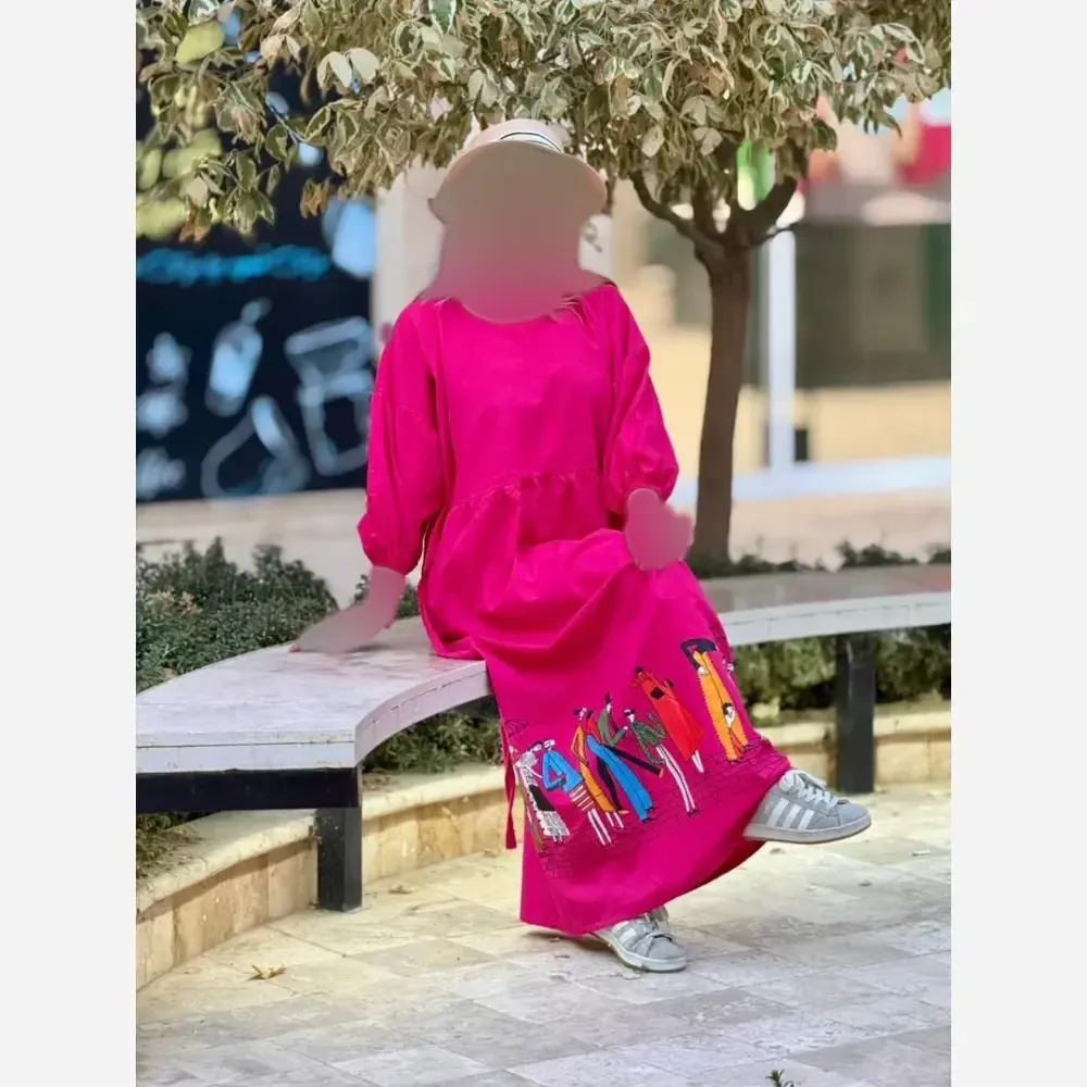 پیراهن لینن طرح سرخپوستی فری سایز مدل بلند