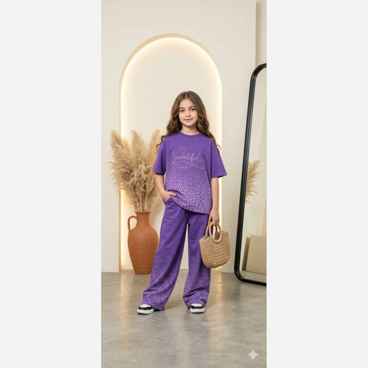 ست تیشرت و شلوار بگ دخترانه مدل بیوتی جنس نخ پنبه لاکرا سایز 50 تا 65