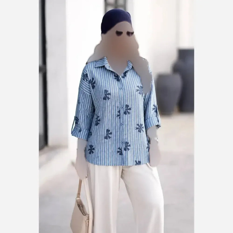 شومیز راه راه عسل جنس ایوا کاملس نگین دار فری سایز
