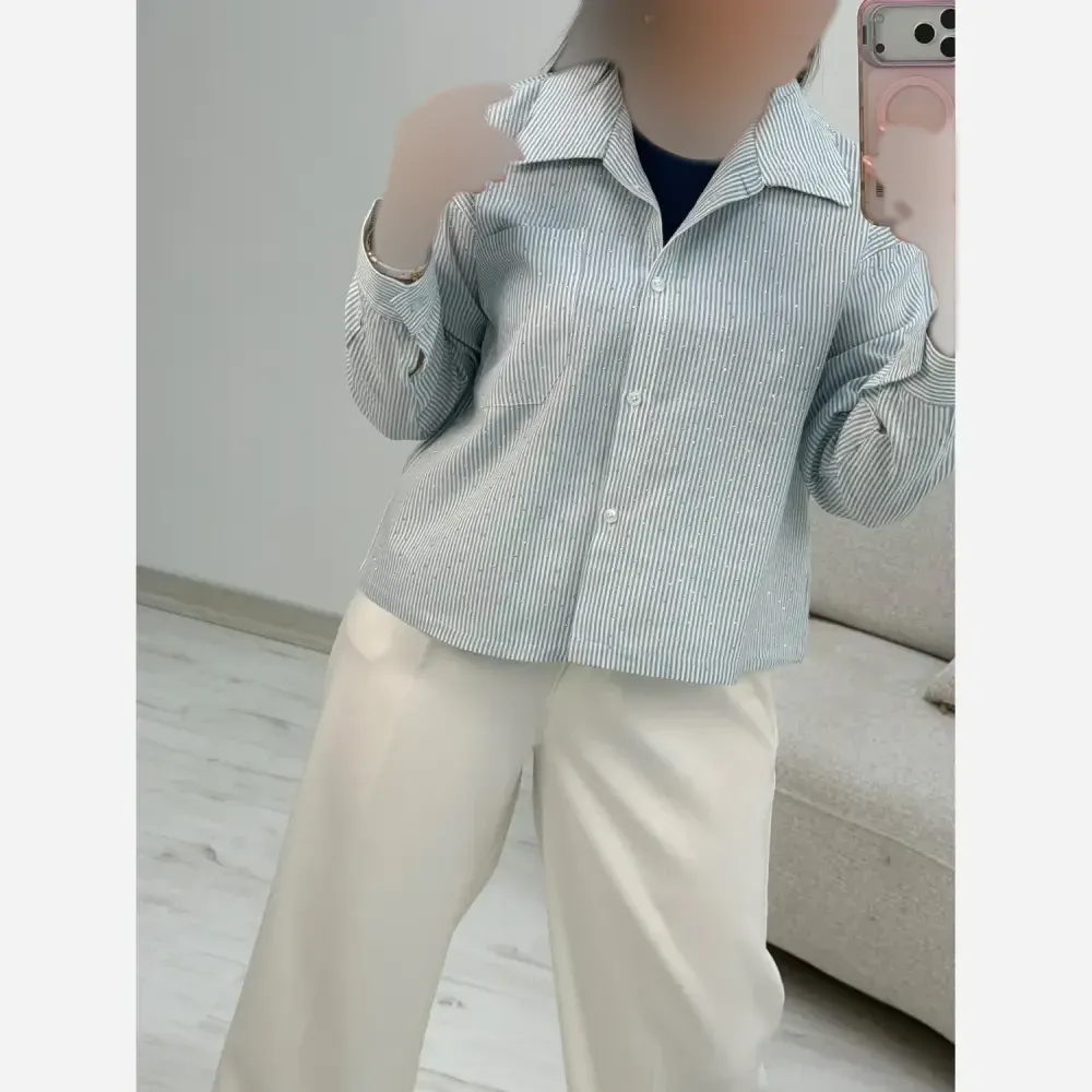 شومیز لنین راه راه نگین کوبی تک جیب سیما فری سایز 38 تا 46