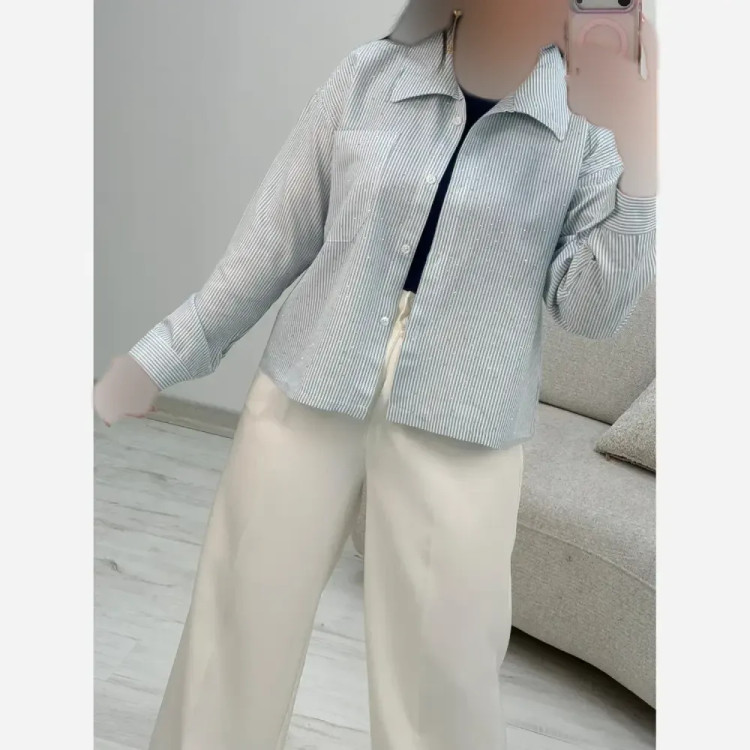 شومیز لنین راه راه نگین کوبی تک جیب سیما فری سایز 38 تا 46