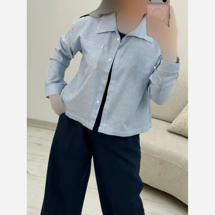 شومیز لنین راه راه نگین کوبی تک جیب سیما فری سایز 38 تا 46