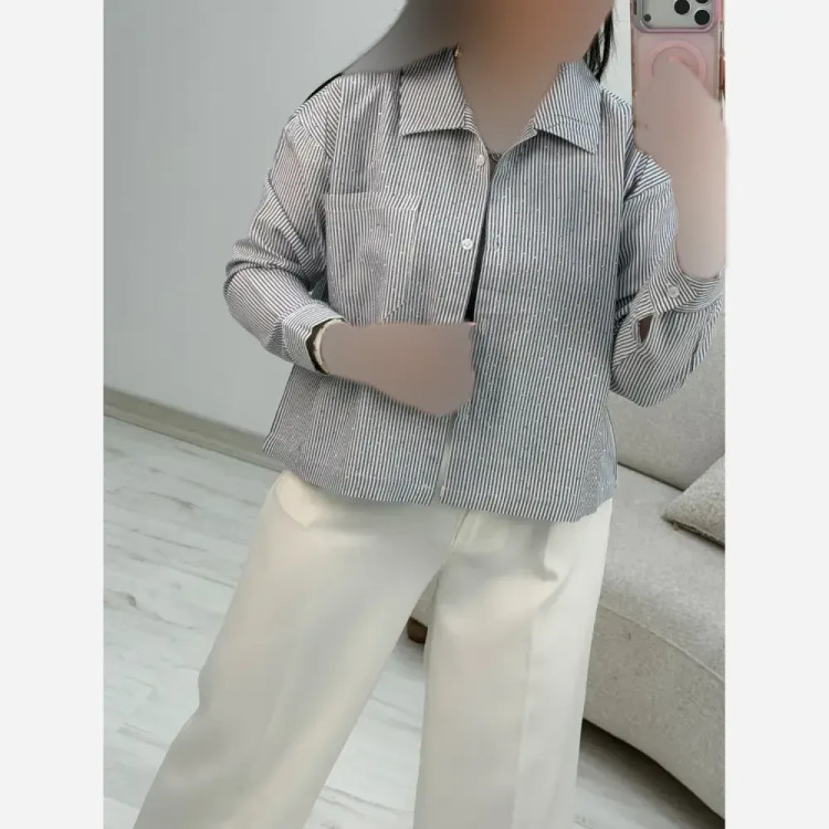 شومیز لنین راه راه نگین کوبی تک جیب سیما فری سایز 38 تا 46