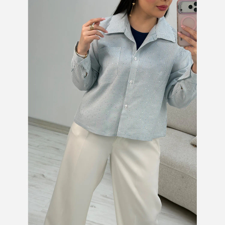شومیز لنین راه راه نگین کوبی تک جیب سیما فری سایز 38 تا 46