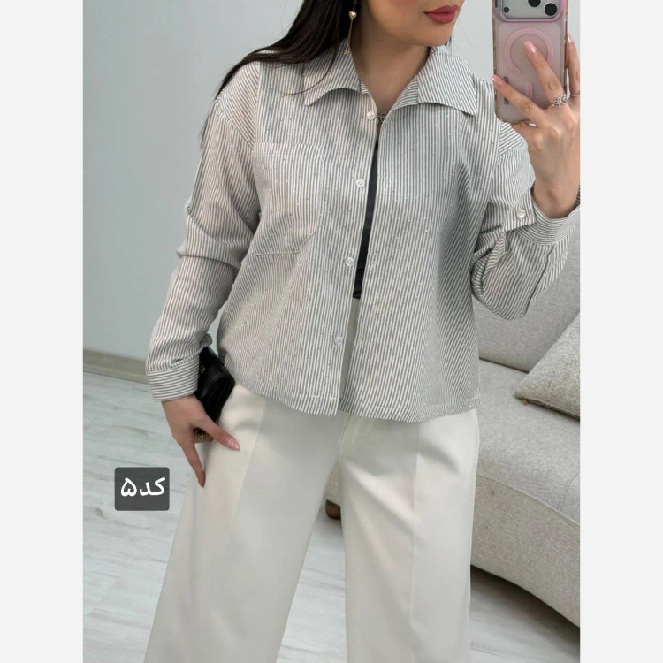 شومیز لنین راه راه نگین کوبی تک جیب سیما فری سایز 38 تا 46