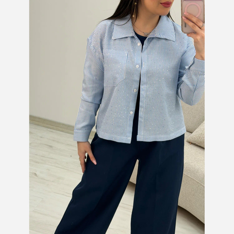 شومیز لنین راه راه نگین کوبی تک جیب سیما فری سایز 38 تا 46